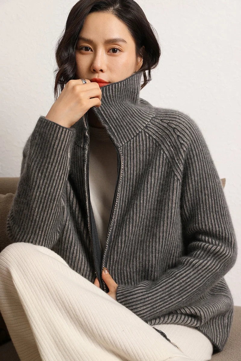 Sonicelife 2023 Autumn and Winter Women's New Style Commuting Lapel Two-Color Zipper Cashmere Cardigan Jacket