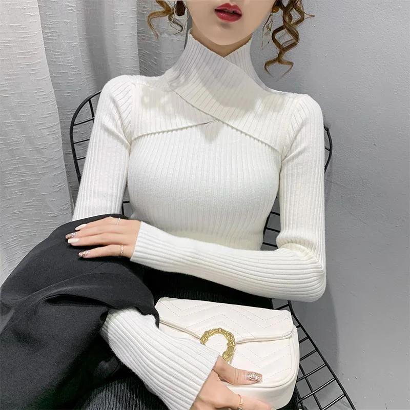 Korobov Korean Thick Turtleneck Sweaters 2023 New Fashion Basics Sueter Mujer Sexy Cross Long Sleeve Solid Autumn Jumper Femme