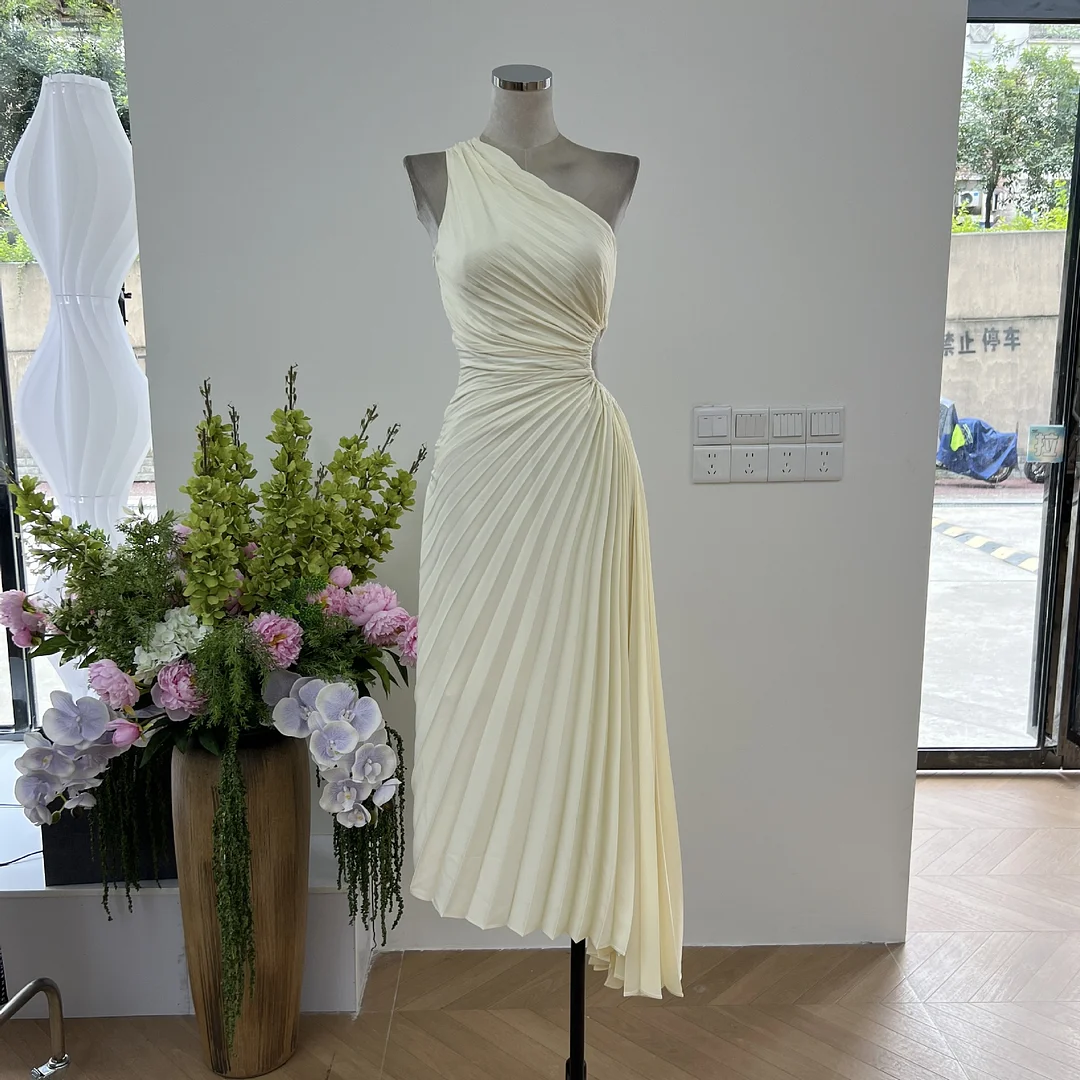 Zingj French Elegant Style High-Level Famous Temperament Folded Waist Shoulder Dress Dress Dress Dress