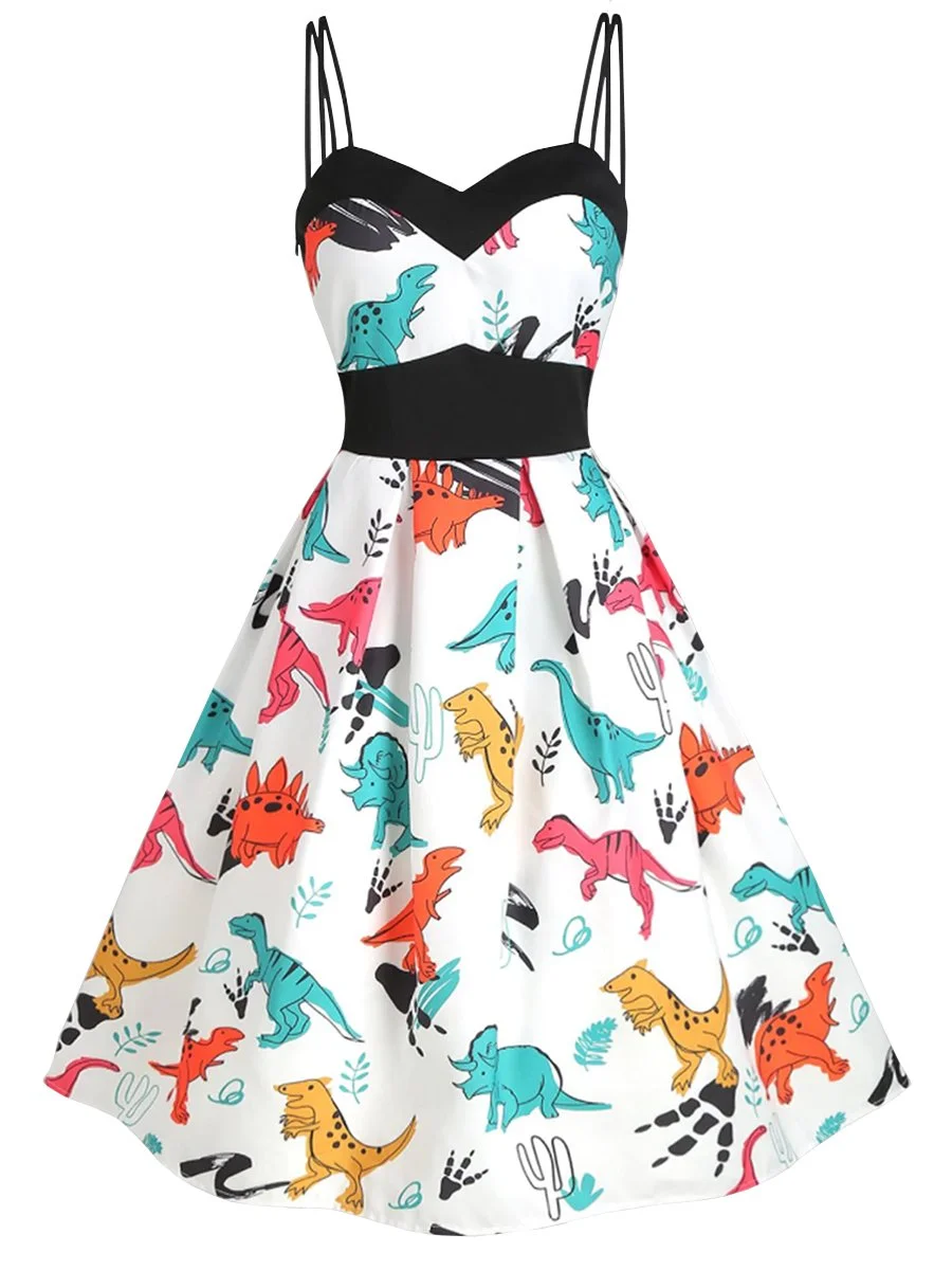 Womens Vintage Dress Dinosaur Print Slip Dress