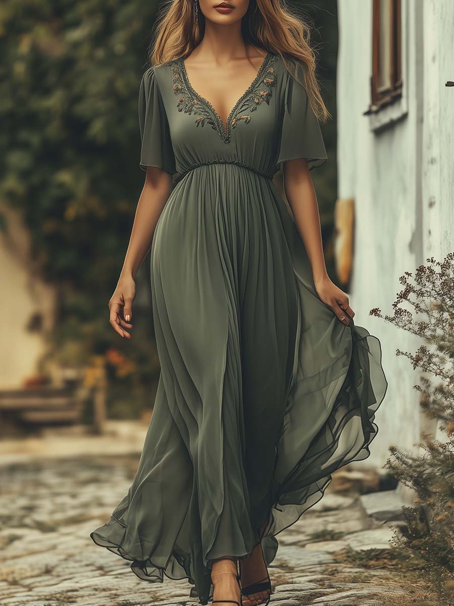 Elegant Embroidered Chiffon Maxi Dress