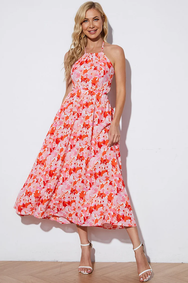Halter Backless Floral Print Back Tied Up Flowy Vacation Midi Dresses