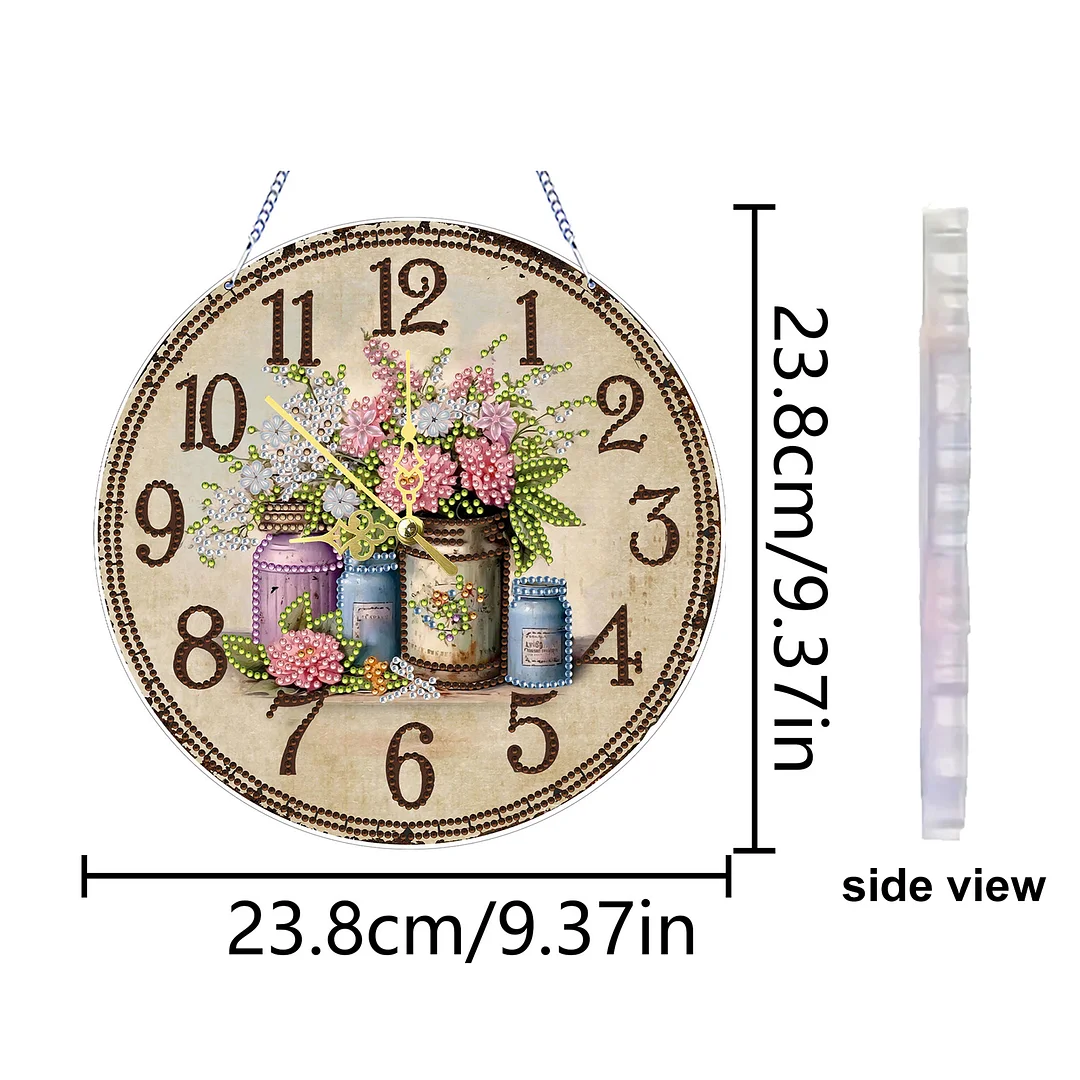2D DIY Acrylic Vintage Vase Diamond Art Painting Clock Pendant w/ Clock Function