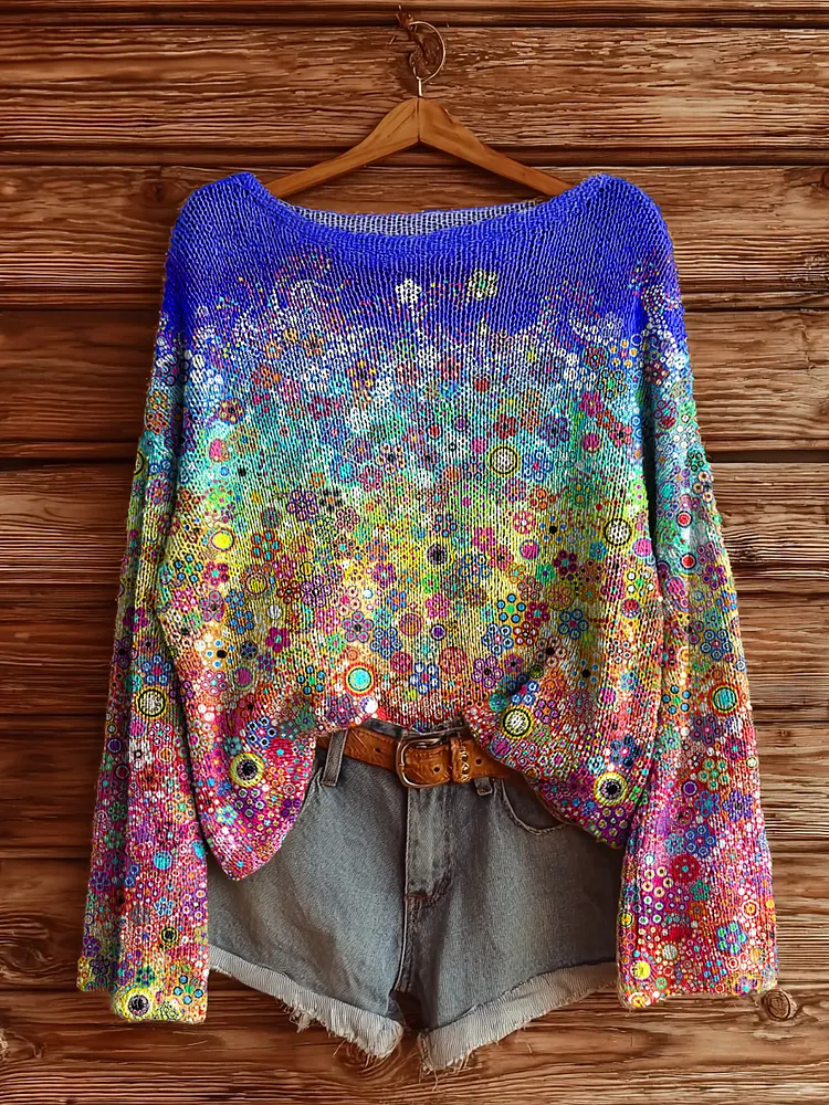 Women's Colorful Floral Art Print Casual Pullover Sweater