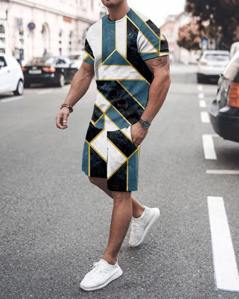 Men's Green-black Split-joint Printed Shorts Suit
