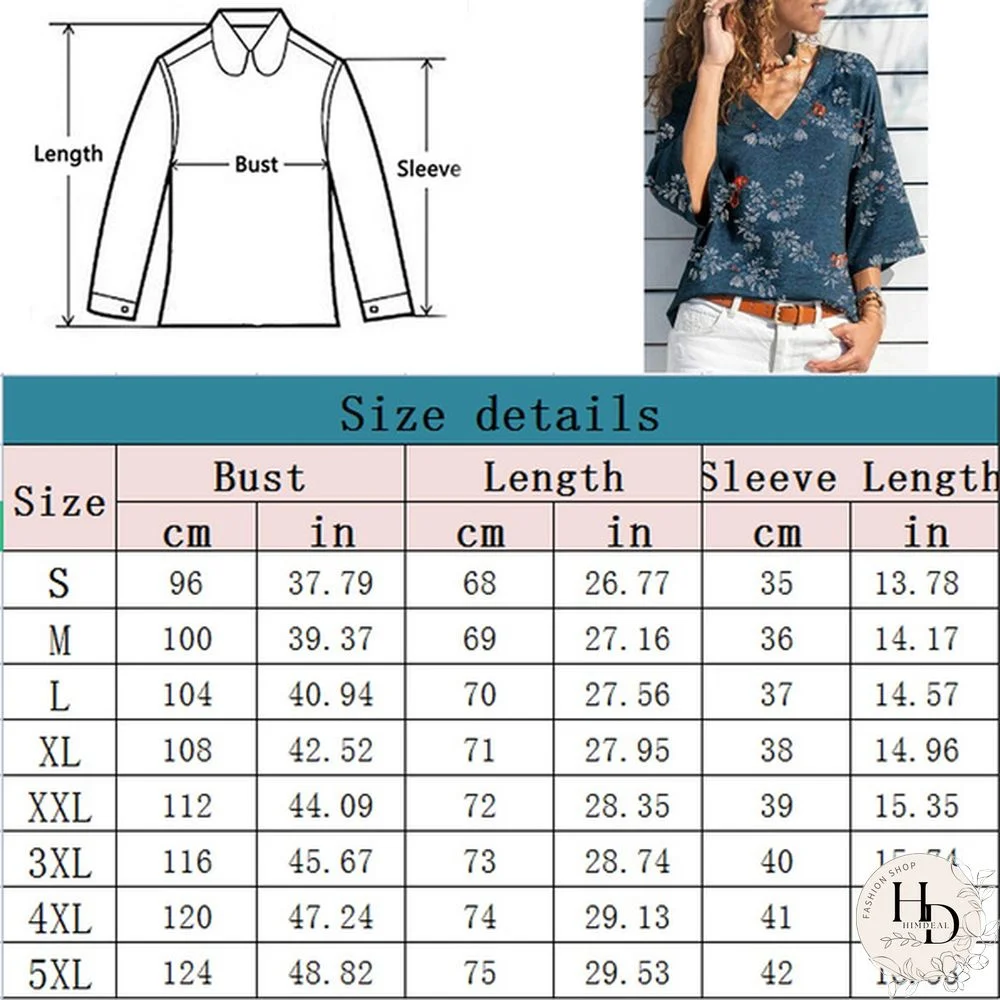 Women Fashion V Neck Autumn Tops Casual Floral Printed Three-quarter Sleeve Shirt Summer Loose T-shirt Spring Blouses