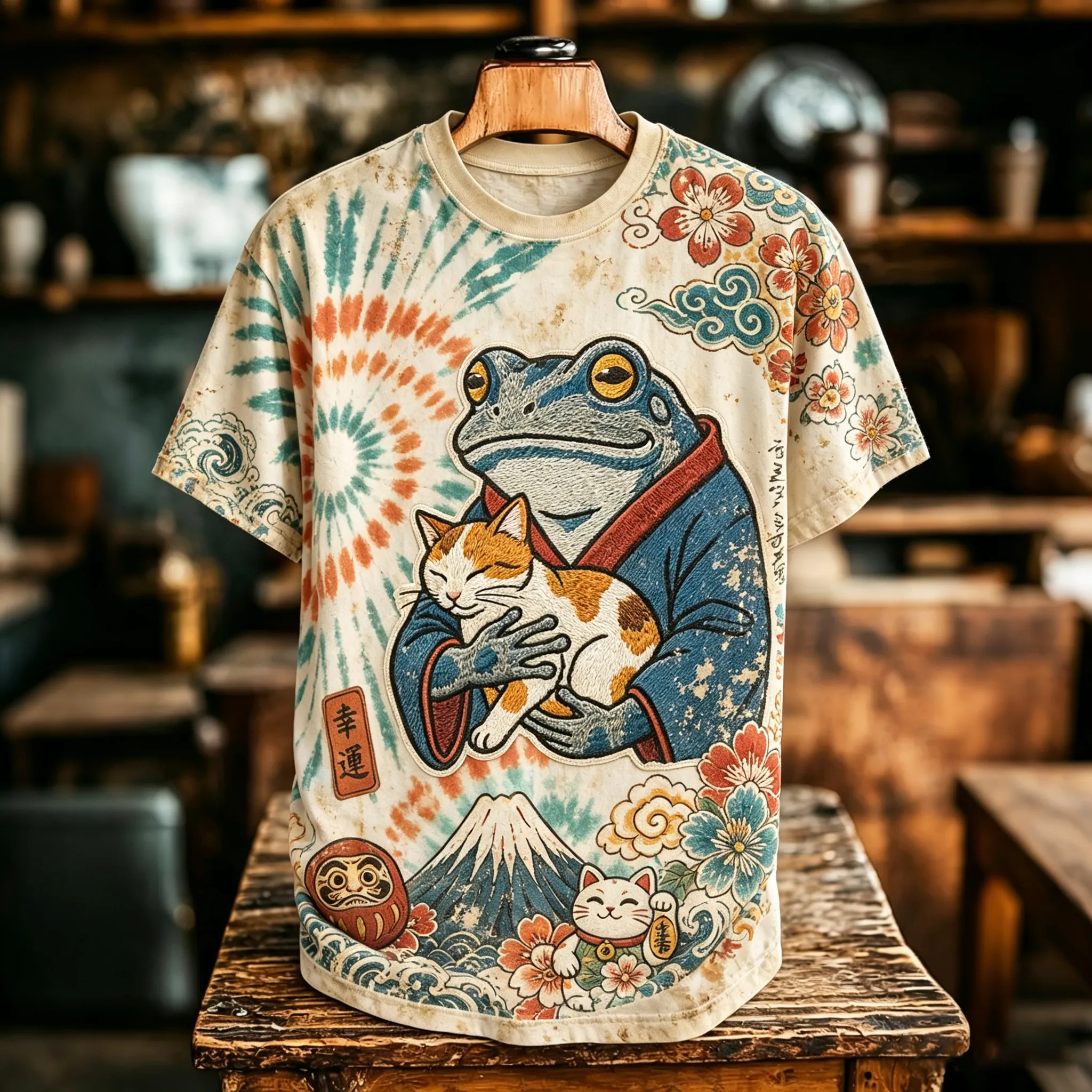 Men's Japanese Art Retro Tie-dye Frog Cat Short-sleeve T-shirt  artssus
