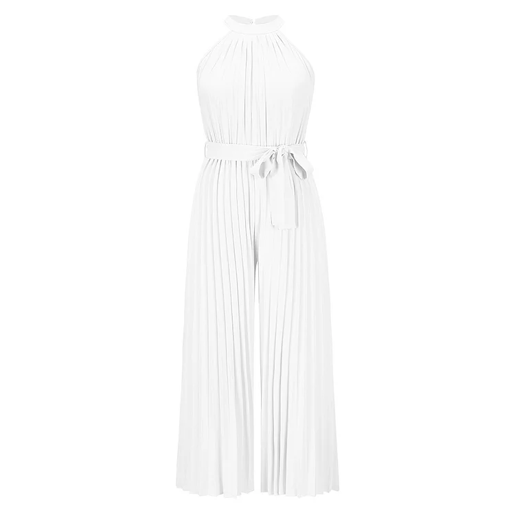 Women's Elegant Jumpsuit Overall Halter Sleeveless Pleated Wide Leg Jumpsuit