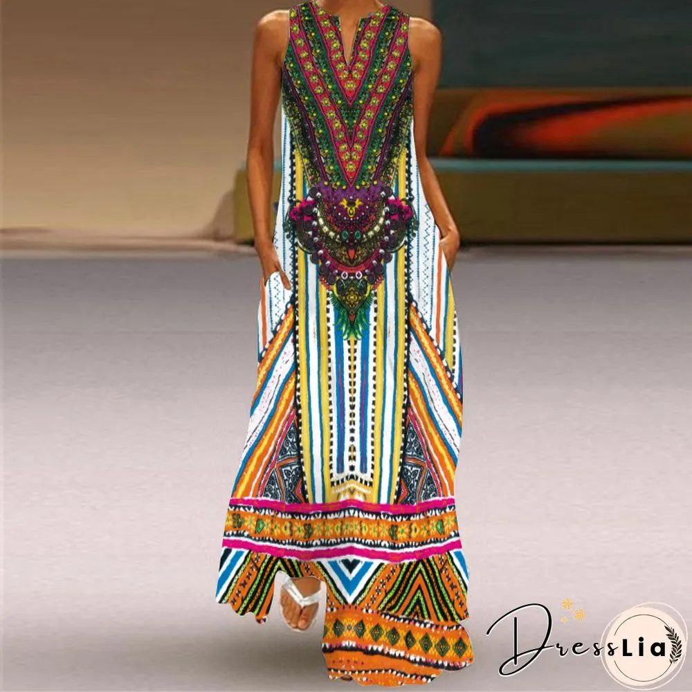 New Fashion Print Summer Dress Casual Sexy Boho Beach Women Party V-neck Sleeveless Pocket