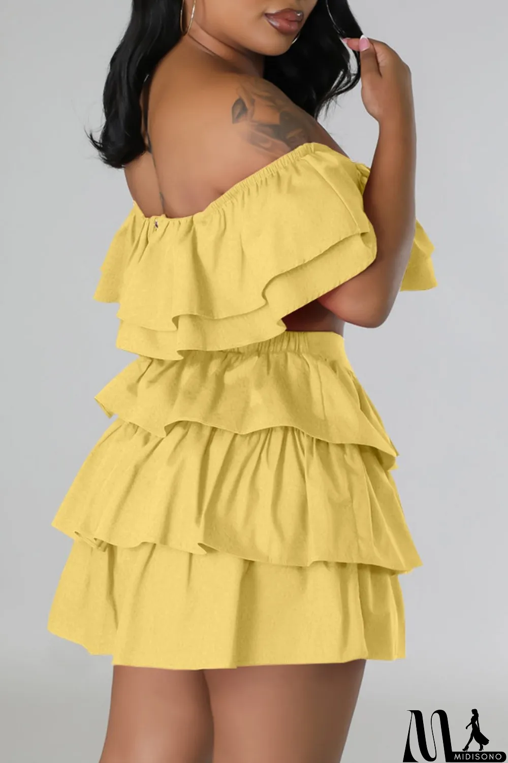 MidiSono - Rose Red Sexy Casual Solid Patchwork Backless Off the Shoulder Short Sleeve Two Pieces