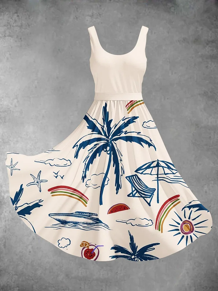 Women's Holiday Style Coconut Tree Rainbow Sun Pattern Art Print Flowy Dress