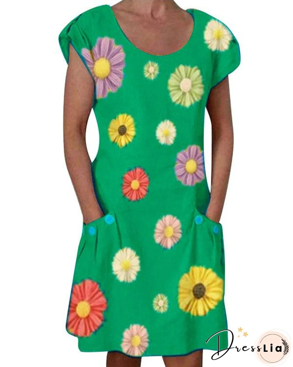 Yellow Short Sleeve Floral-Print Dresses