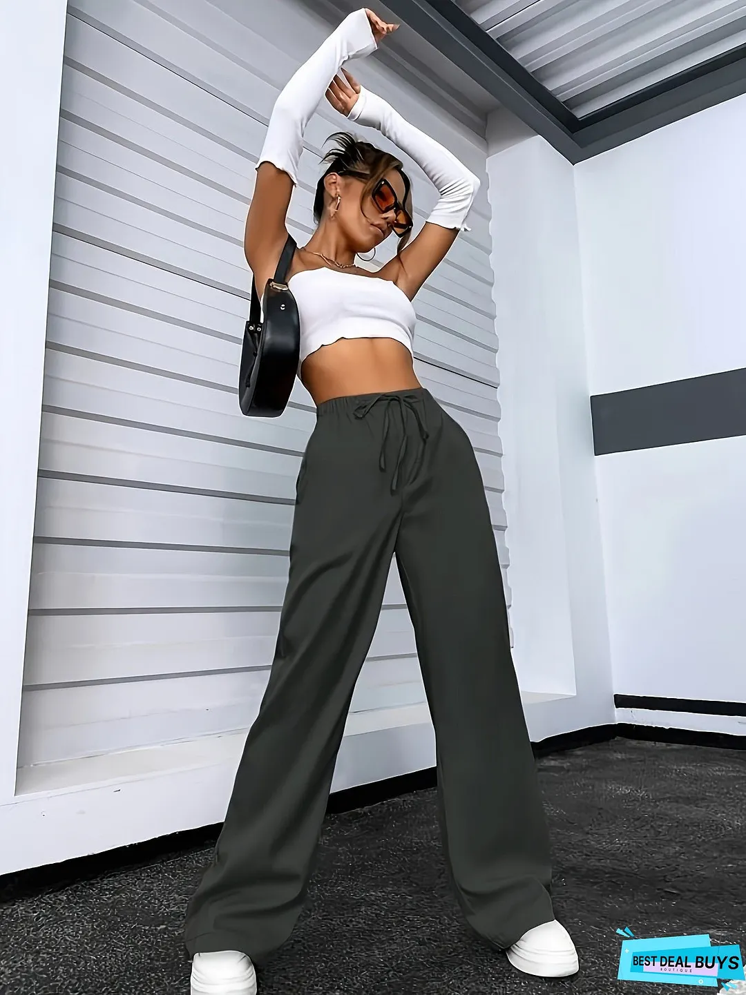 Drawstring Waist Straight Leg Pants, Casual Solid Pants For Spring & Fall, Women's Clothing