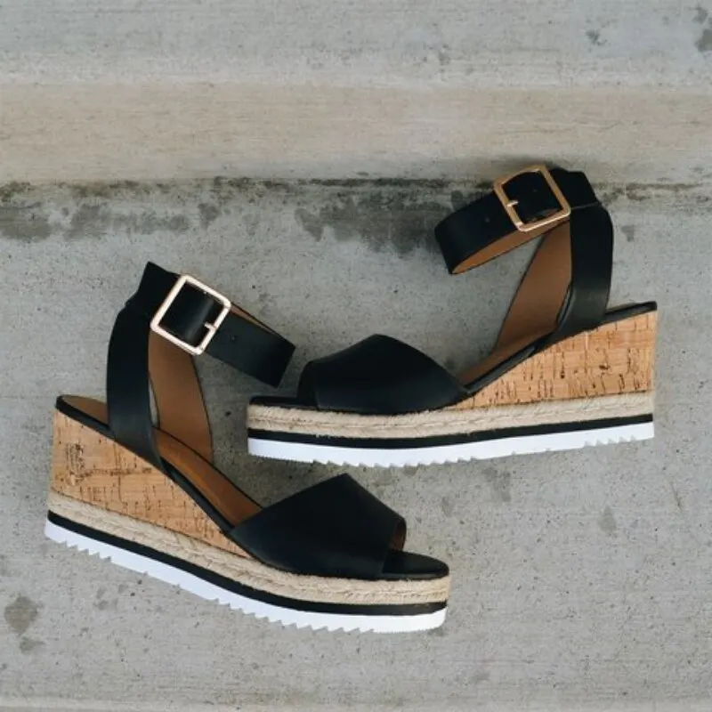 Qengg New Women's Sandals Fish Mouth Buckle Solid Color Wedge Flats Thick Sole Comfortable Casual Beach Shoes Plus Size Sandalia Nuvem