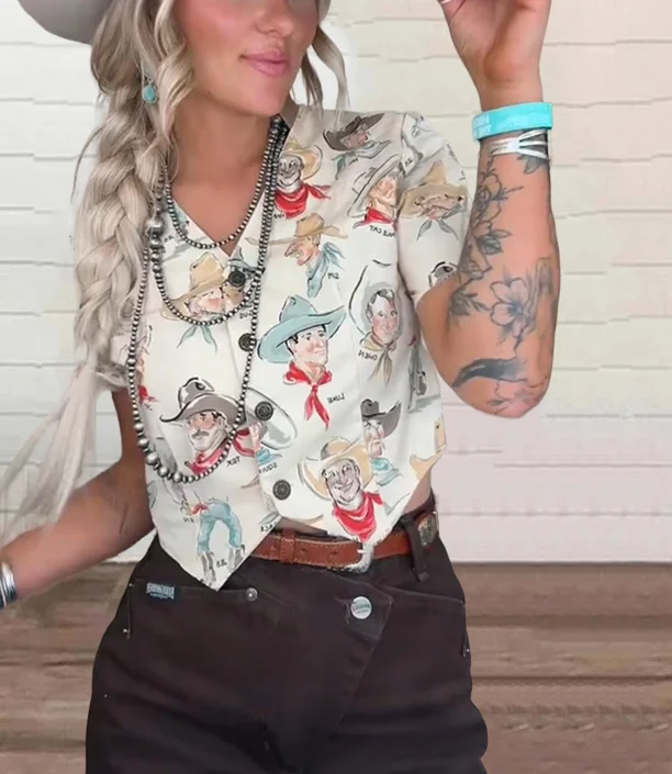 Cowboy Print V Necklace Short Sleeve Shirt