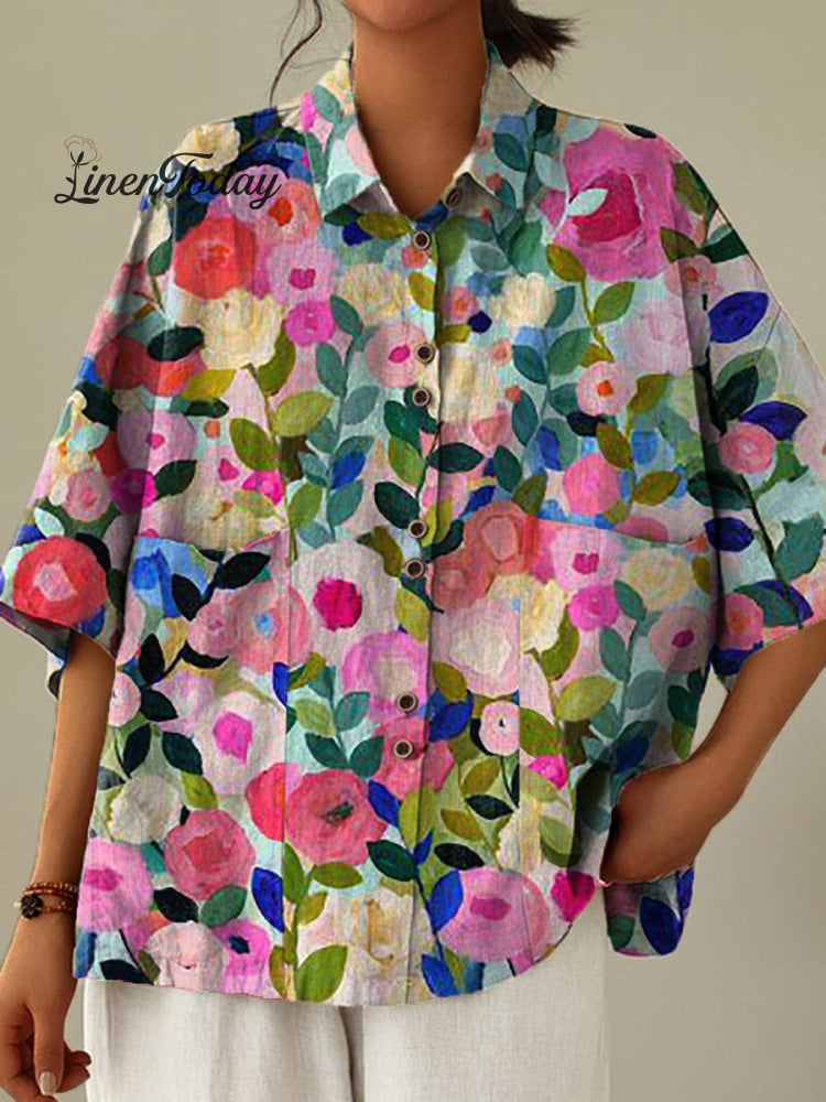 Colorful Spring Floral Garden Printed Women’s Casual Cotton Linen Shirt Shirts-1 / S