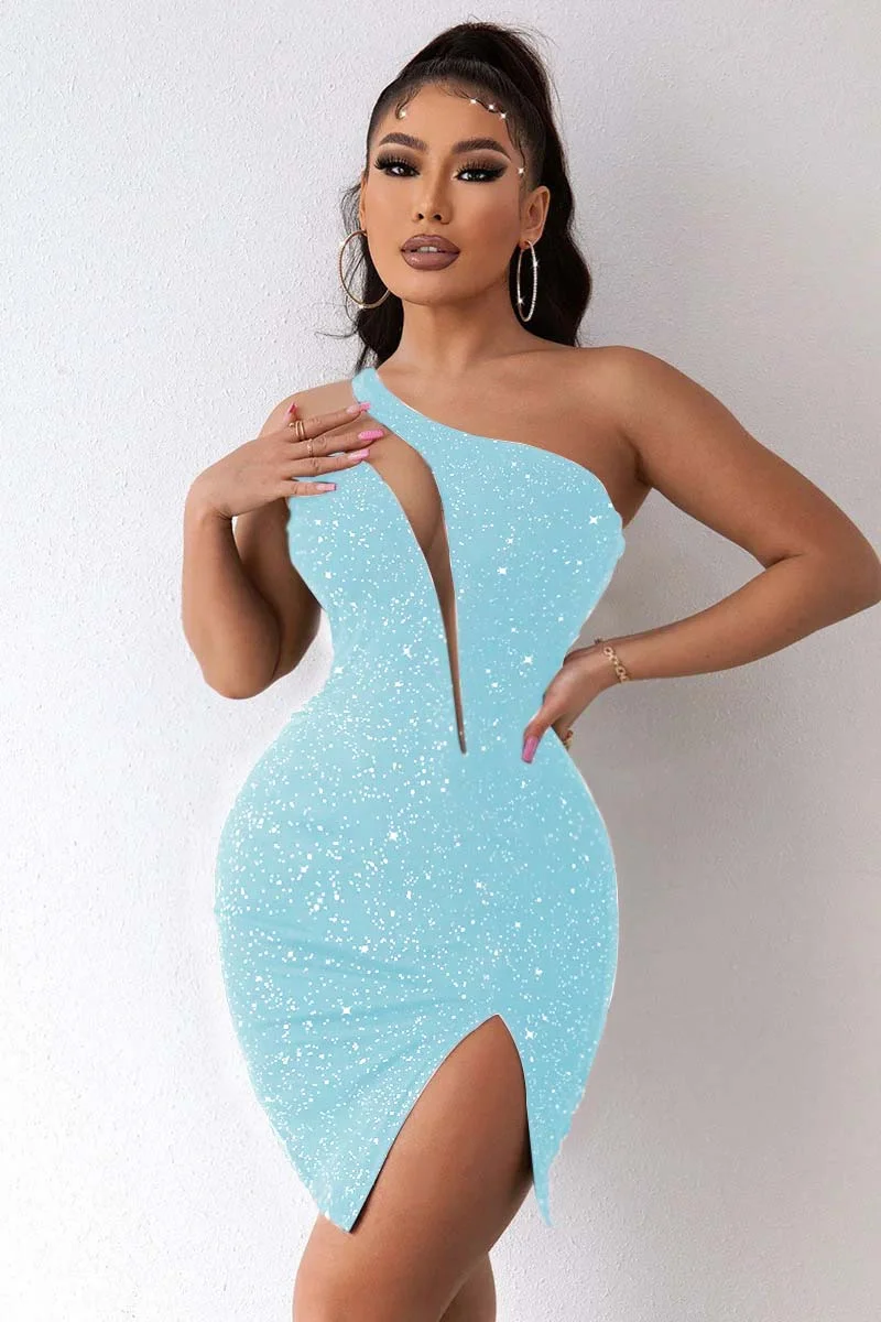 Miabel Black Glitter Slit One Shoulder Gap Design Short Mini Homecoming  Dress