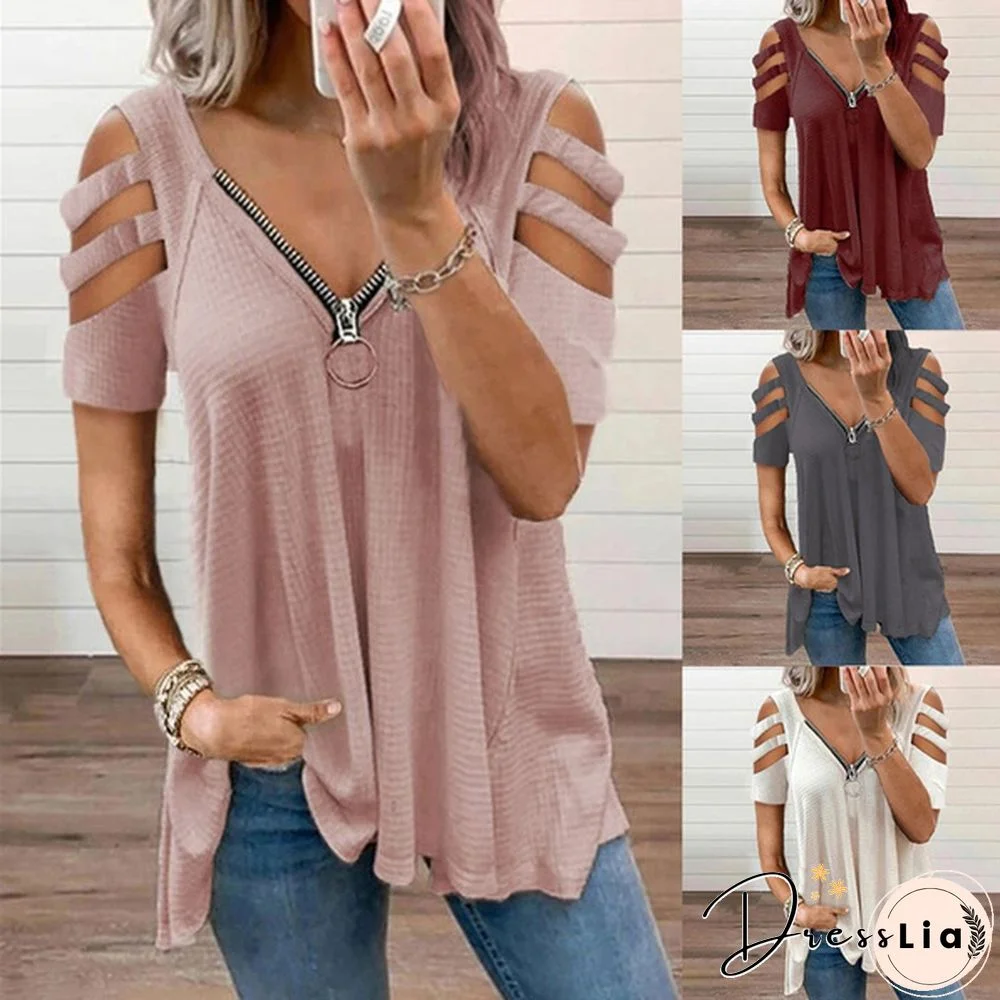 Summer Women's Fashion V-neck Top Zipper Short Sleeve Solid Color T-Shirt