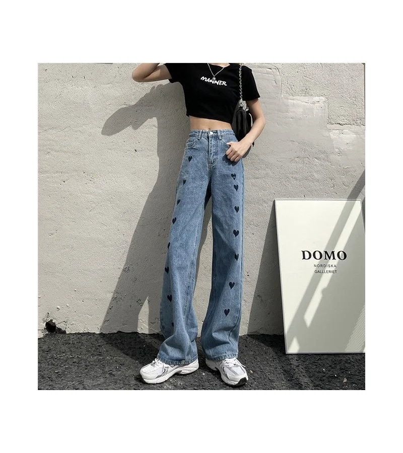 Women Fashion Heart Printed High Waist Straight Pants XS-2XL