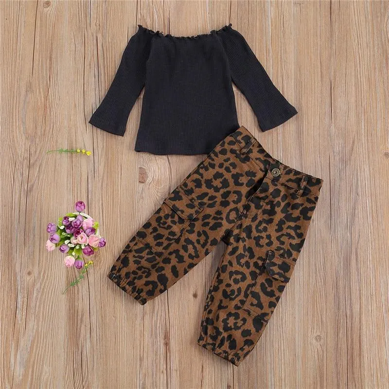 2 Pcs Baby Girl's Casual Suit, Solid Boat Neck Long Sleeve Ribbing Elastic Top Leopard Camouflage Tie Dye Loose Trousers Pocket