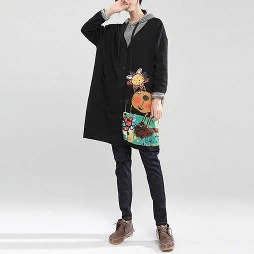 new autumn black  fit cotton coats loose casual hooded cardigan cartoon print