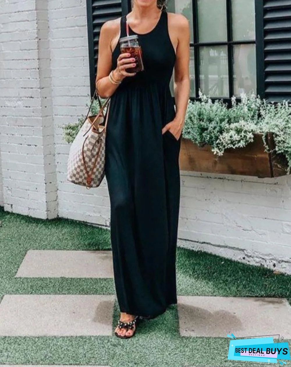 Black Sleeveless Round Neck Maxi Dress Black Dresses