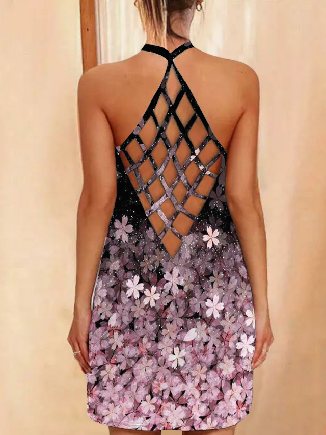 New Printed Sexy Hollow Neck Slim Dress Women In Summer