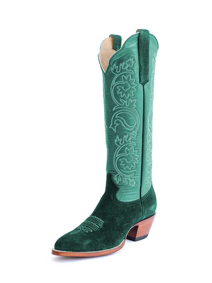 Green & Turquoise Patchwork Embroidered Knee Wide Calf Cowgirl Boots