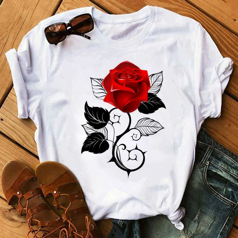 New Fashion Women Black T Shirt Red Rose Musical Note Printed T Shirt Harajuku Cute Graphic Tee Shirt Female Ladies Casual Tops