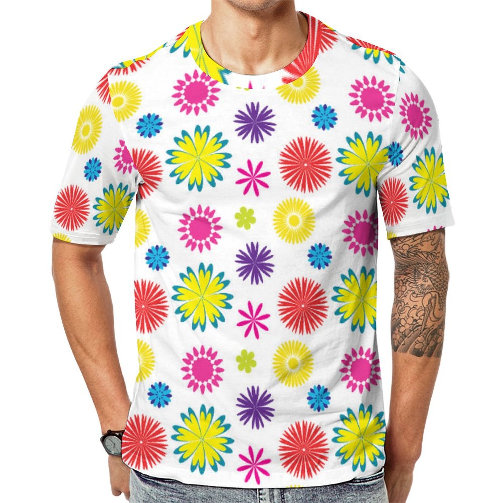 Red Yellow Flowers Colorful Garden Fiesta Short Sleeve Print Unisex Tshirt Summer Casual Tees for Men and Women Coolcoshirts