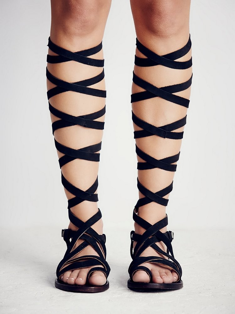Black Gladiator Sandals Knee-high Heels Strappy Sandals for Women |FSJ Shoes