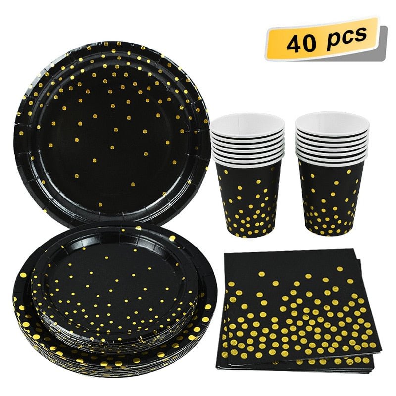 40Pcs Disposable Party Tableware Set Gold Disposable Cups Plates Paper Napkins for Wedding Adult Kids Birthday Party Decorations