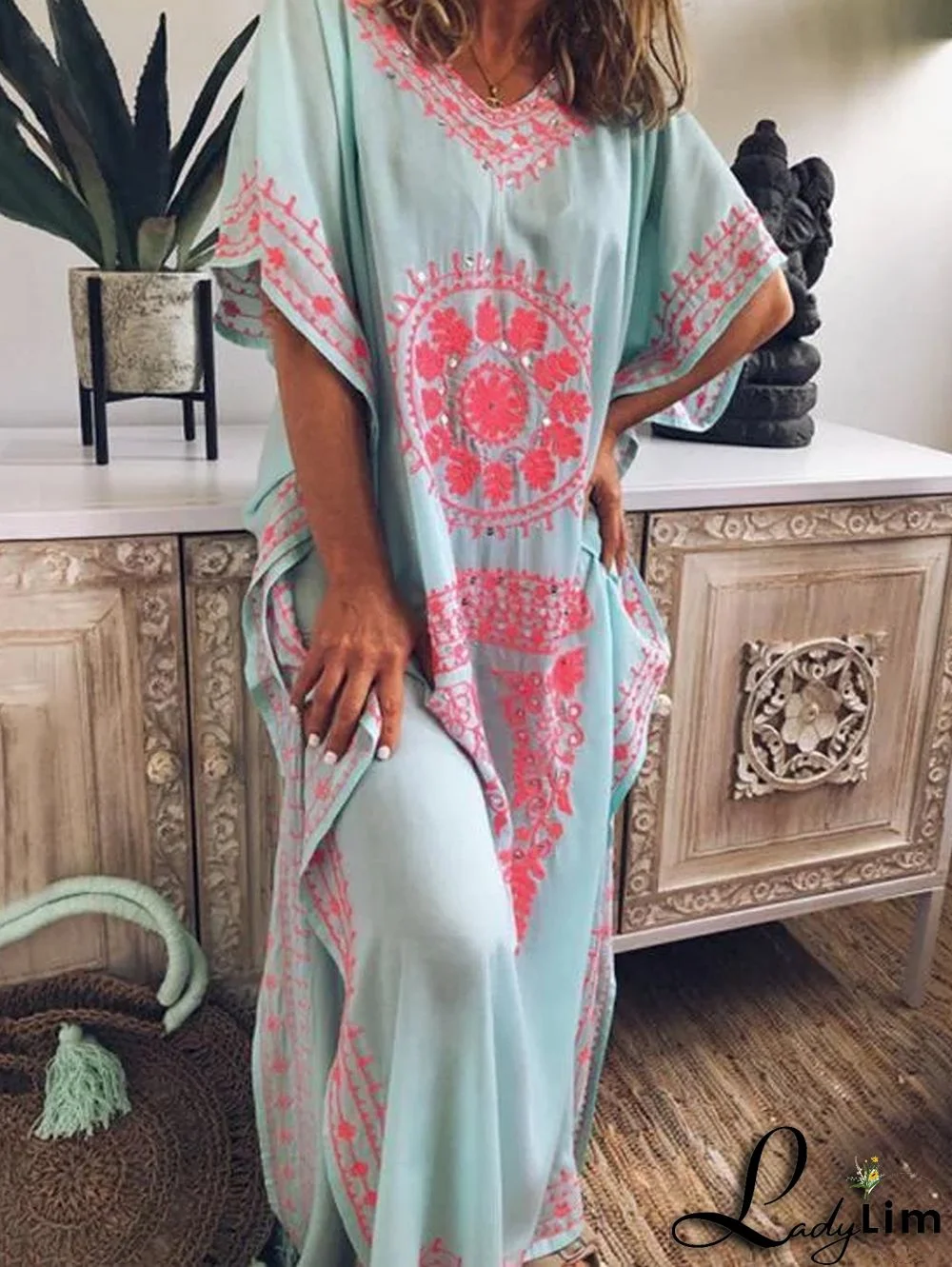 Bohemian V Neck Short Sleeve Maxi Dress