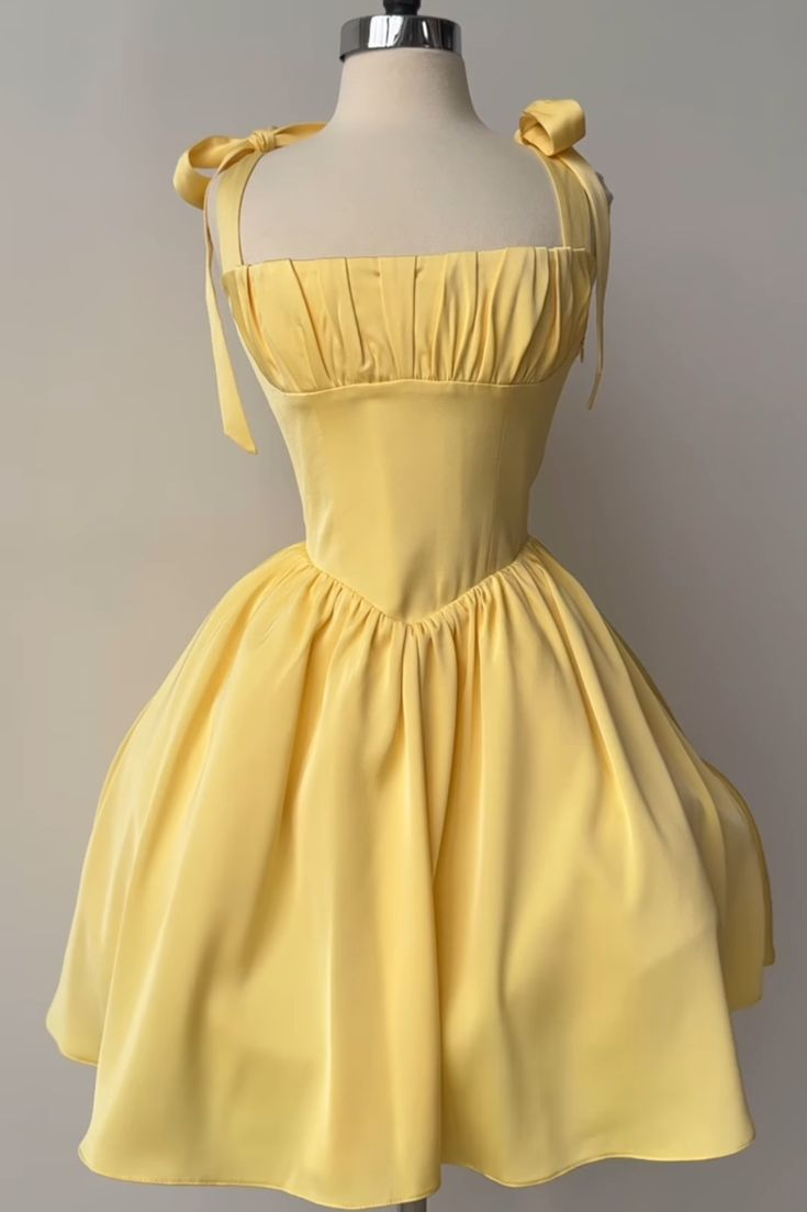 Oknass Yellow Spaghetti Straps Sleeveless Short A Line Homecoming Dress With Pleated