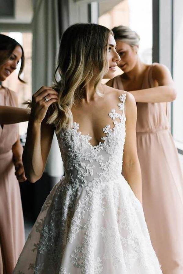 Elegant V-neck Straps A-line Wedding Dress With Floral Beads | Ballbellas Ballbellas