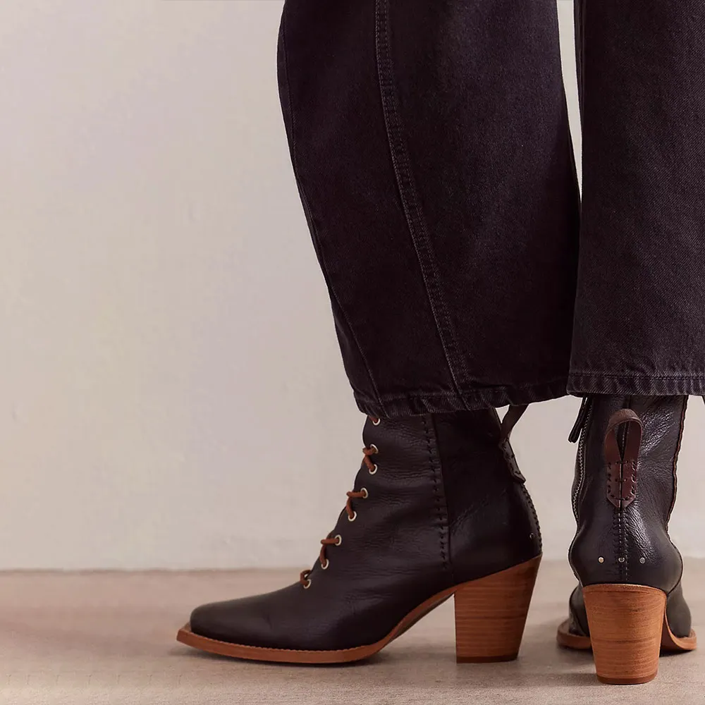 Black Square Toe Zipper Stacked Heel Lace-Up Short Boots for Women