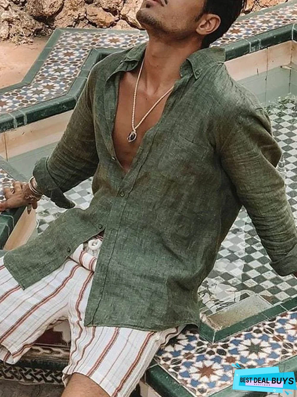 Men's Tee Shirt Solid Color Long Sleeve Daily Tops Cotton Simple Solid Color Casual / Daily Button Down Collar Green White / Beach Linen