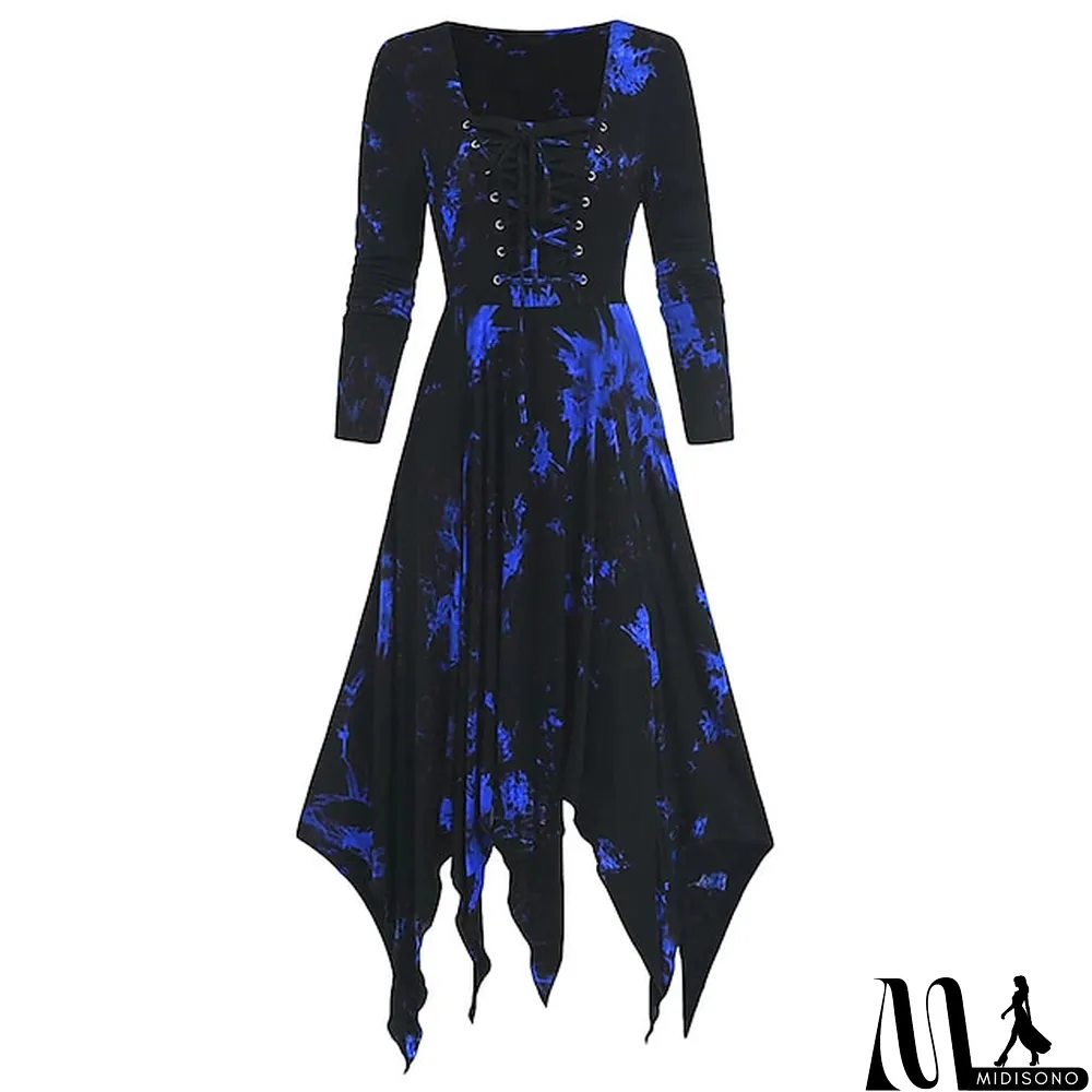 MidiSono - Women\u2018s Halloween Dress Retro 1950s Vintage Dress Midi Dress Halloween Daily Drawstring Print Tie Dye Crew Neck 3\/4 Length Sleeve Regular Fit Spring Fall Red Blue S M L XL
