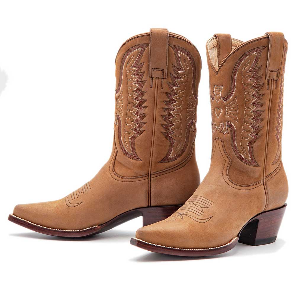 Stitching Pointed Toe Chunky Heel Mid-Calf Cowgirl Boots in Tan Nicepairs