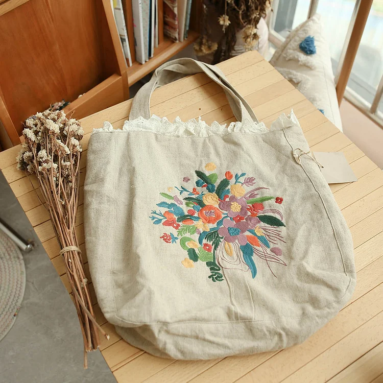 Fairy Tales Aesthetic Cottagecore Fashion Vintage Linen Embroidered Shoulder Bag QueenFunky