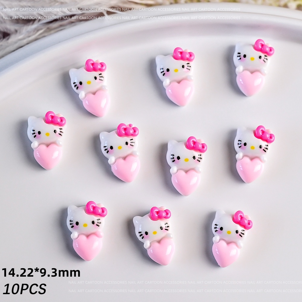 10pcs Pink Peach Heart Hello Kitty Nail Decoration Sanrio Anime Kuromi Nail Charms Valentine's Day DIY Nail Accessory Toys Girls