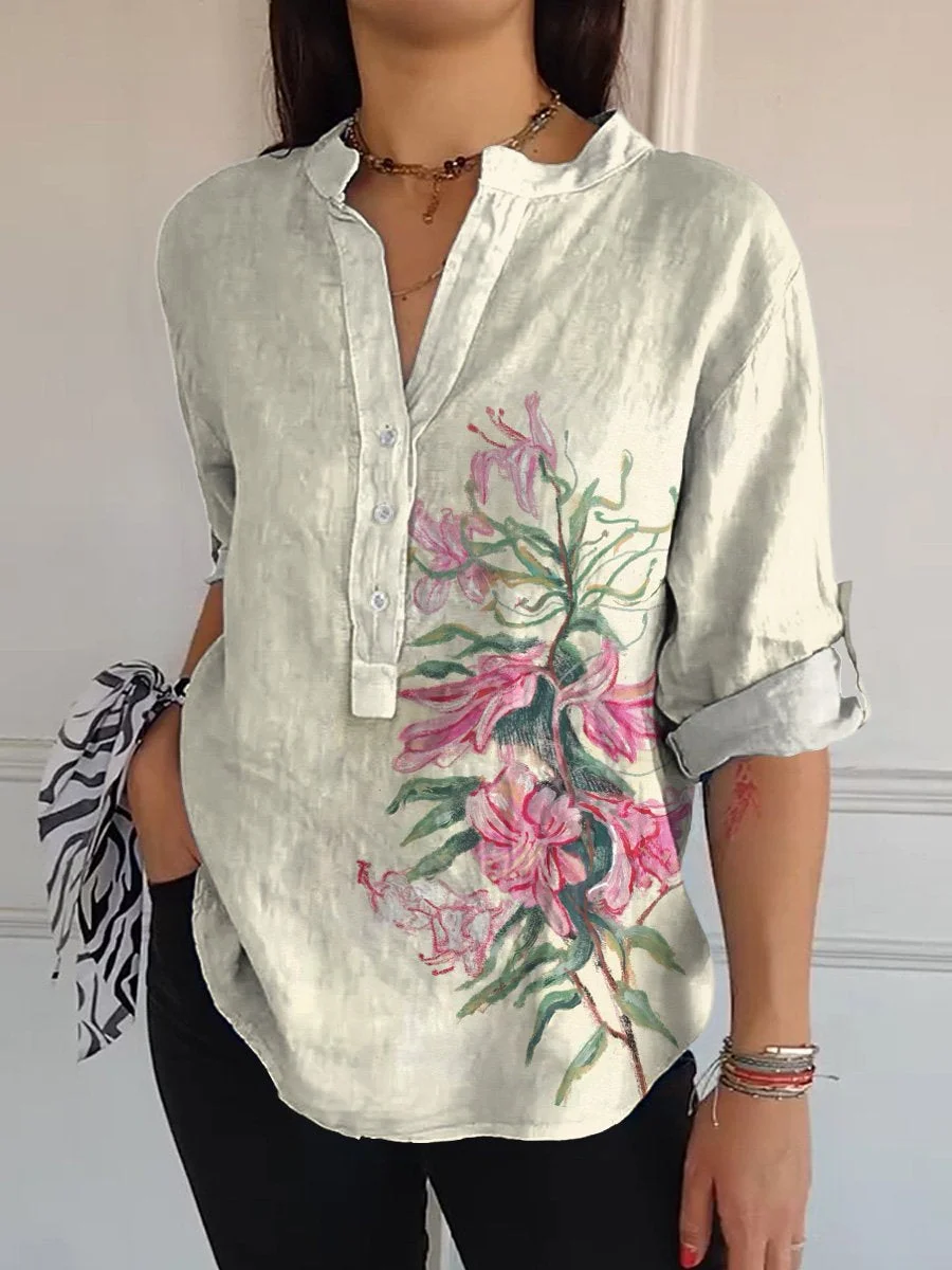 Oil Pastel Lilly Floral Art Printed Women's Casual Long Sleeve Comfortable Cotton Shirt