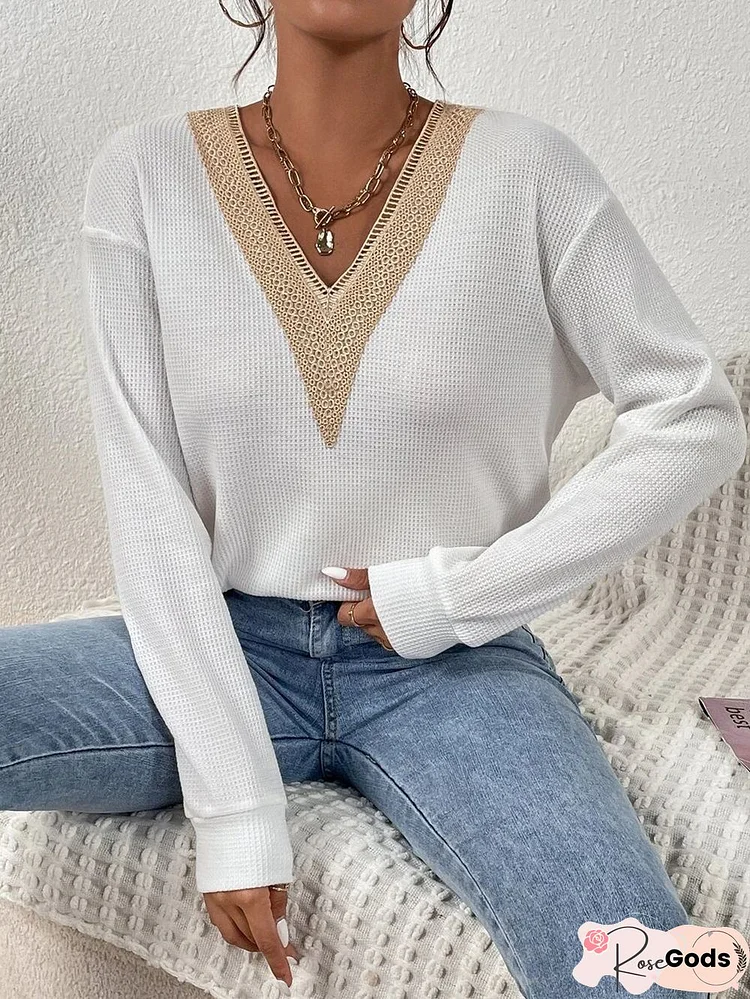 Casual Plain Autumn V Neck Micro-Elasticity Daily Loose Long Sleeve H-Line Tops For Women