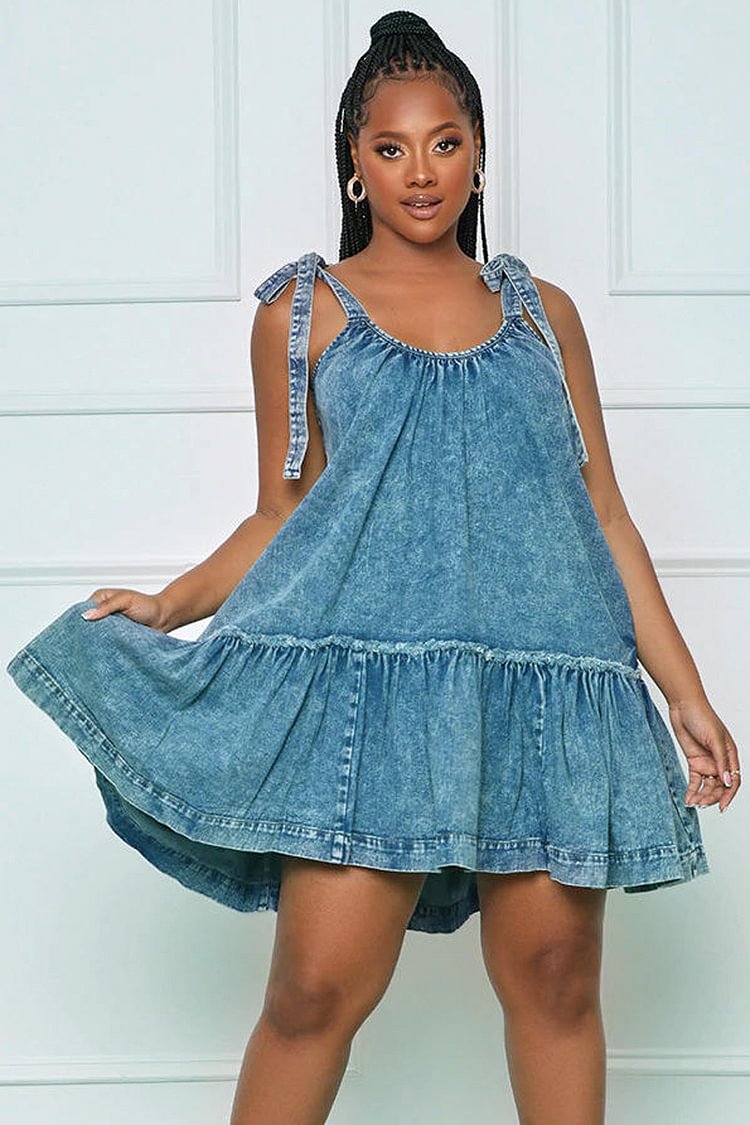 Xpluswear Plus Size Daily Solid Cami U Neck Lace Up Ruffle Hem Pleated Denim With Pockets Babydoll Mini Dress
