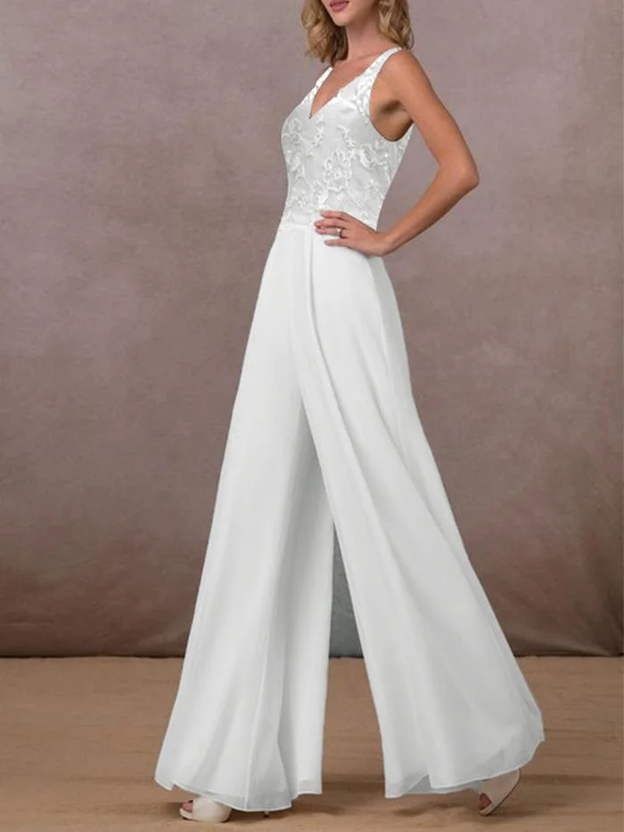 Sexy Chiffon V-neck Mid-rise White Jumpsuit