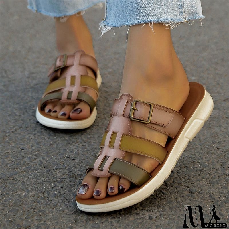 MidiSono - Summer Hollow Out Woven Contrast Color Slippers for Women