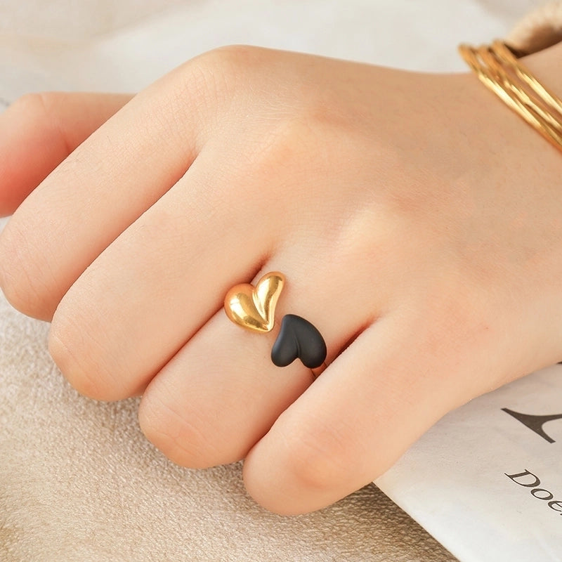Elegant Sweet Heart Shape 304 Stainless Steel 14K Gold Plated Enamel Open Rings