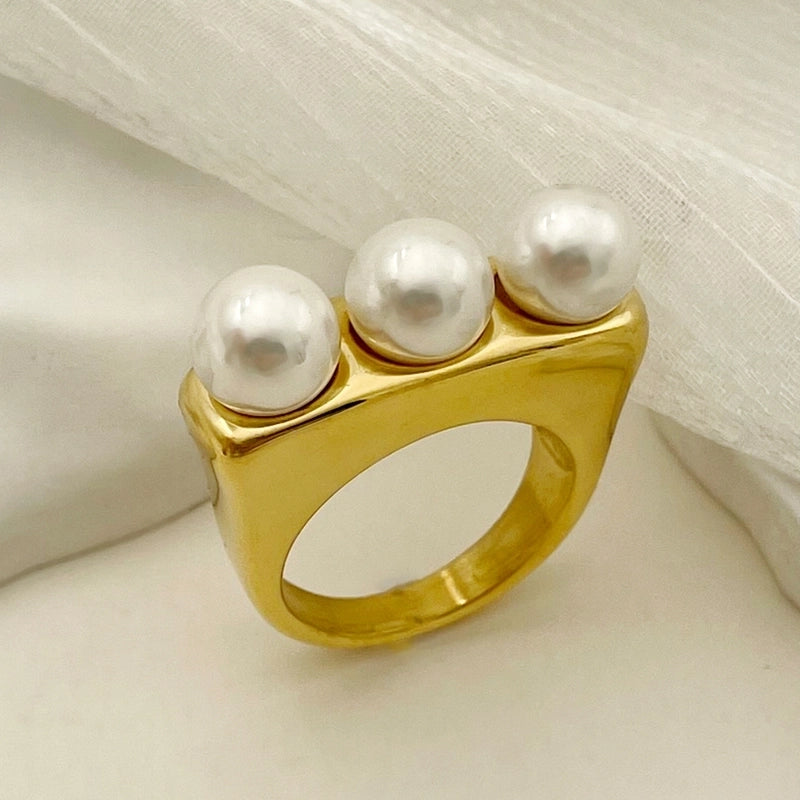 Fashion Geometric 304 Stainless Steel Pearl 14K Gold Plated Plating Inlay Stainless Steel Rings