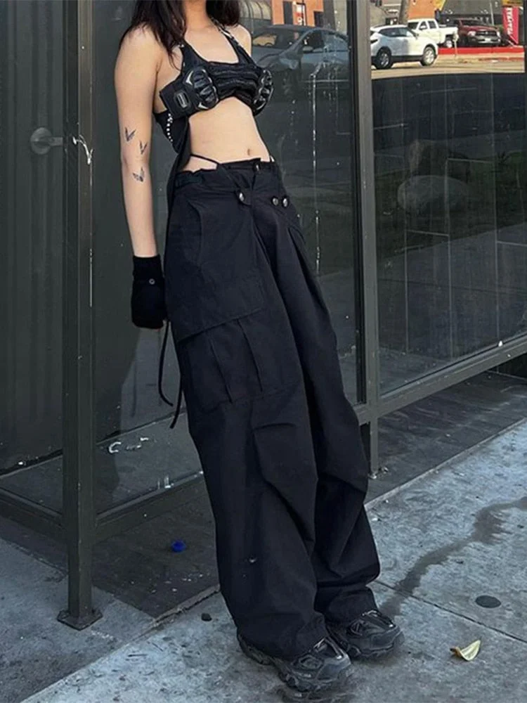 Jacqueline Summer Drawstring Zip Cargo Pants Women y2k clothes Loose Hip Hop Trousers Jogger Fashion Casual Retro Wide Leg Pants