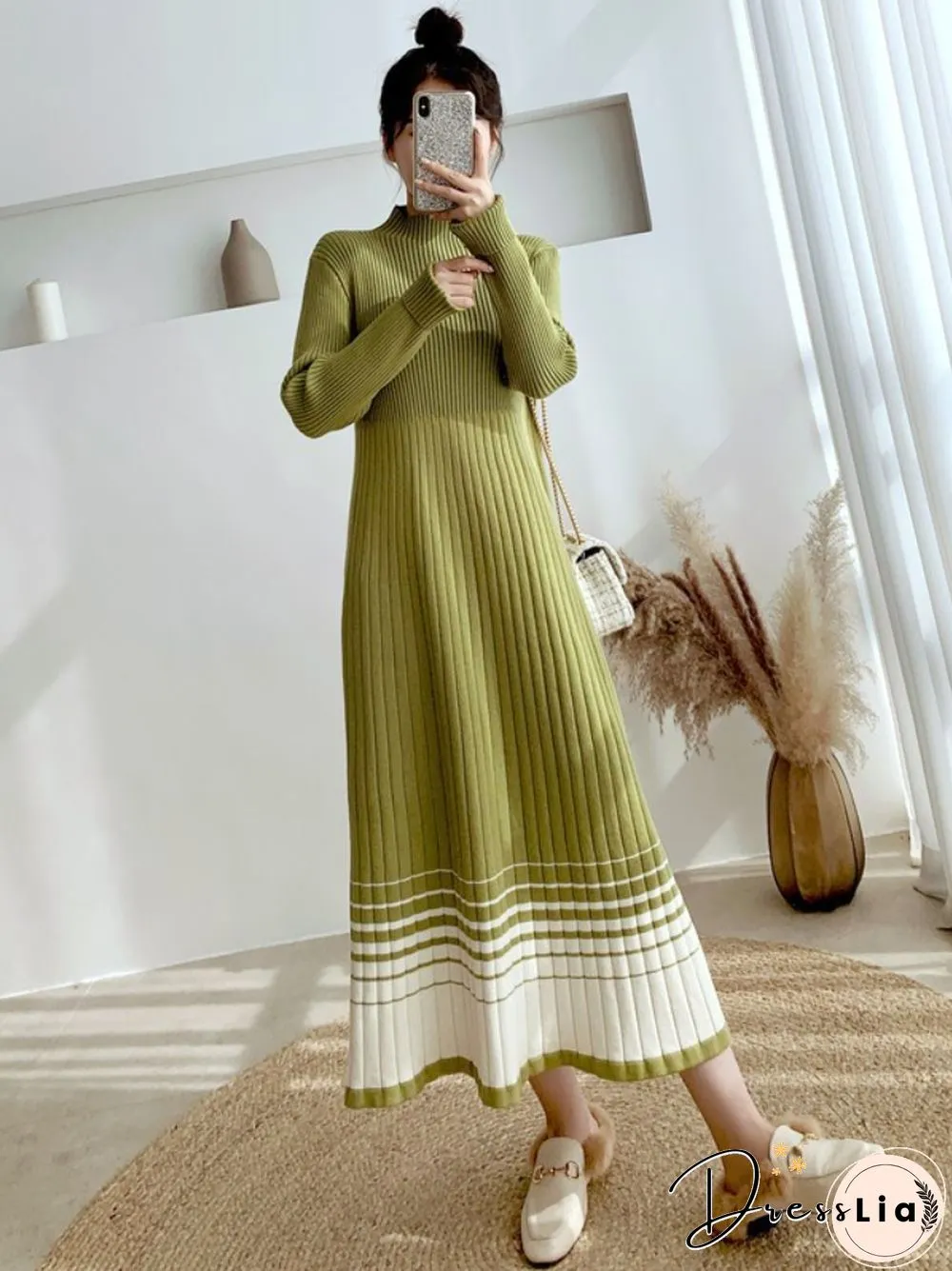 Autumn Winter New Women's Striped Knitting Pullover Dress Women's High Waist Loose Korean Fashion Long Sleeve Knitting Dress Top